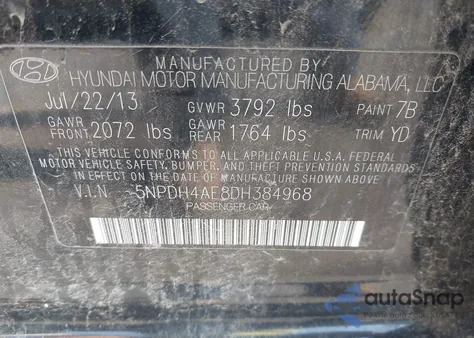 2013 Hyundai Elantra Gls из США, поврежденный, VIN 5NPDH4AE8DH384968